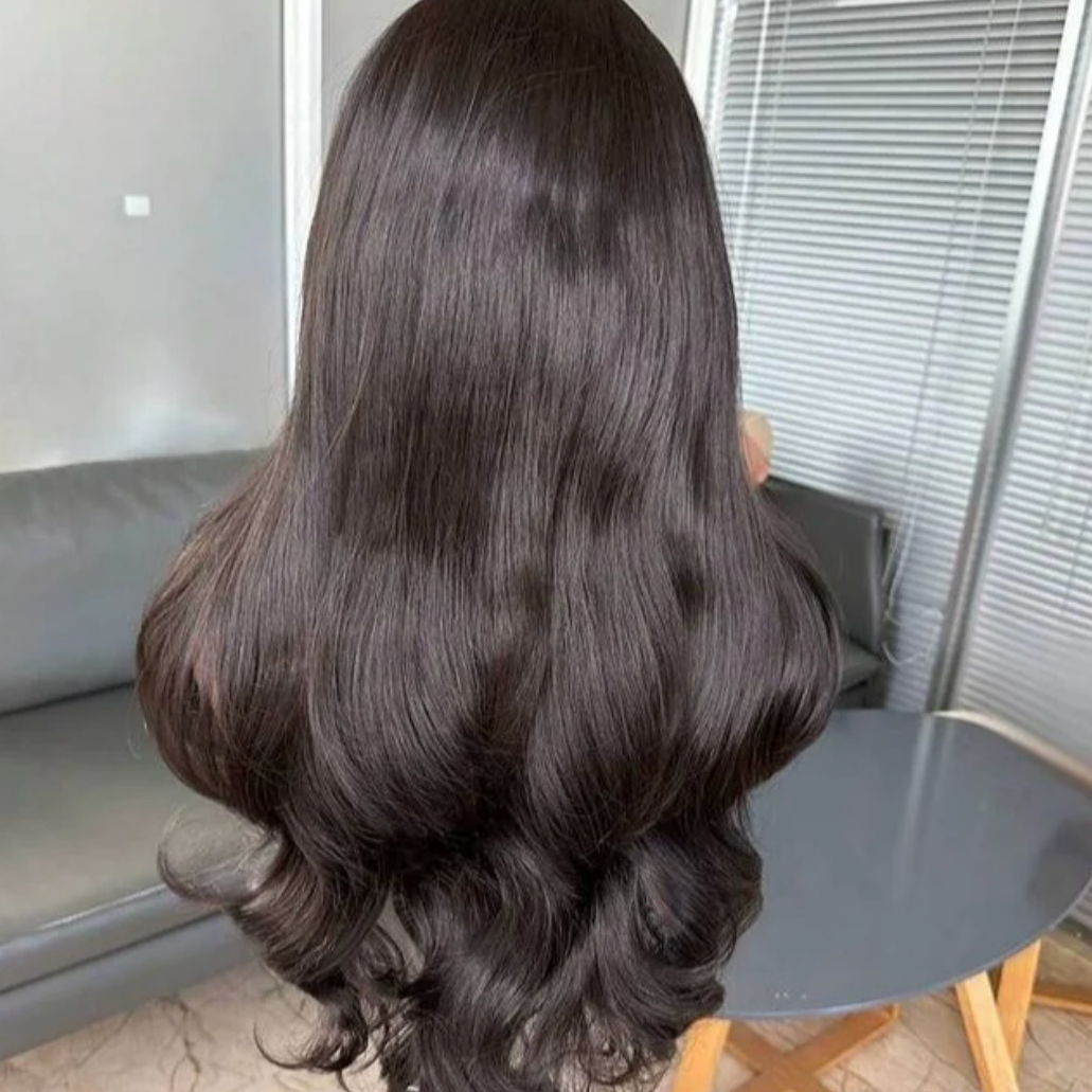 Black Curtain Bangs Lace Front Wig (Human Blend)